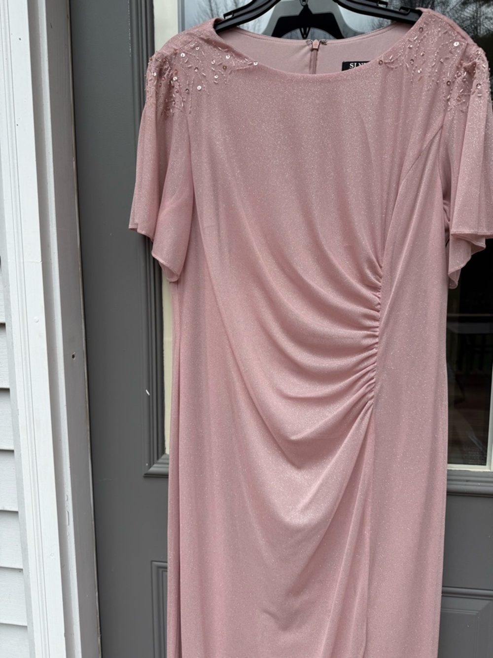 SL Fashions Women's Round-Neck Flutter Sleeve Blush Pink Draped Evening Dress